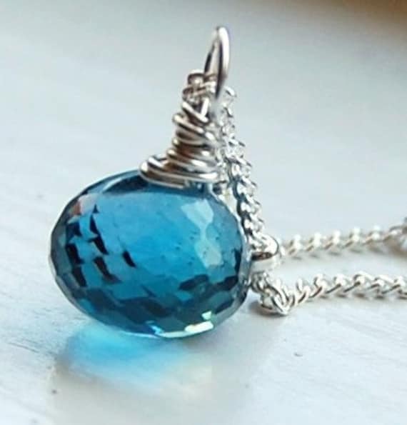 London Blue Topaz Necklace, Sterling Silver Wire Wrapped Gemstone, Deep Ink Peacock Blue Briolette, Gemdrops, hamptonjewels