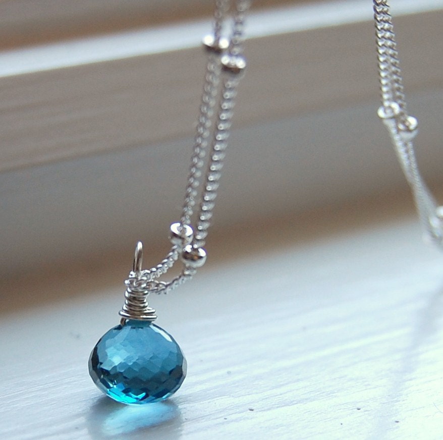London Blue Topaz Necklace, Sterling Silver Wire Wrapped Gemstone, Deep Ink Peacock Blue Briolette, Gemdrops, hamptonjewels