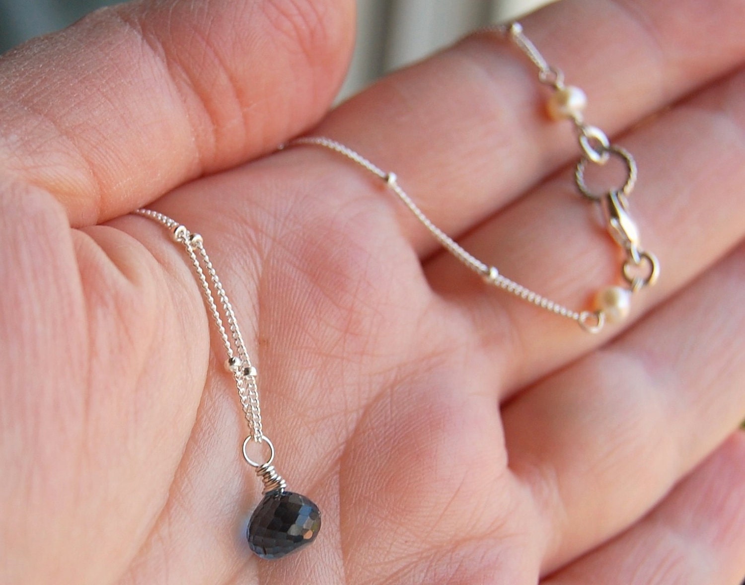 London Blue Topaz Necklace, Sterling Silver Wire Wrapped Gemstone, Deep Ink Peacock Blue Briolette, Gemdrops, hamptonjewels