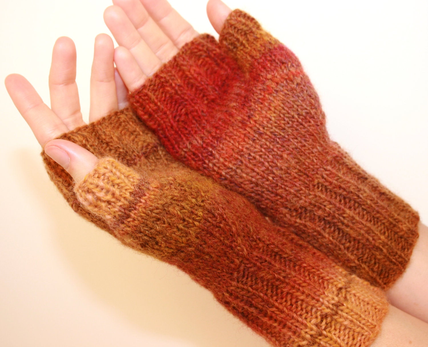 Red, Rust, and Brown, Hand-knit Fingerless Mittens with Thumb, Women's Sizes Small through Large, Sedona Sun - knittyknittybangbang