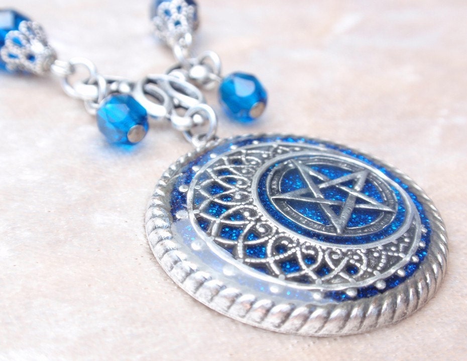Blue Pentacle Necklace- Glitter, Resin, Antiqued Silver, Fantasy