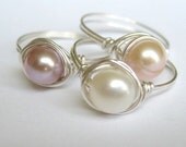 STACKING TRIO natural white, peach, mauve freshwater pearl sterling silver wire wrapped rings set of 3 