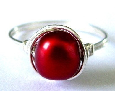 Cherry Red freshwater pearl sterling silver wire wrapped ring