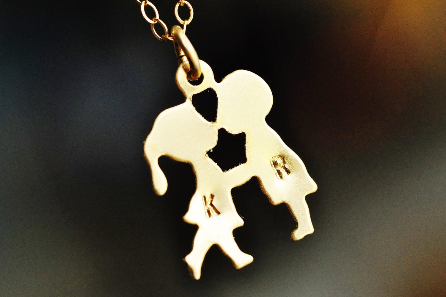 FIRST KISS boy and girl kissing necklace with two hand stamped monograms / initials - 14k gold filled