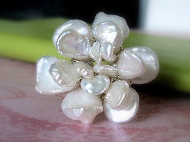GARDENIA BLOSSOM huge sterling silver and keishi pearl wire wrapped flower cocktail ring--adjustable band