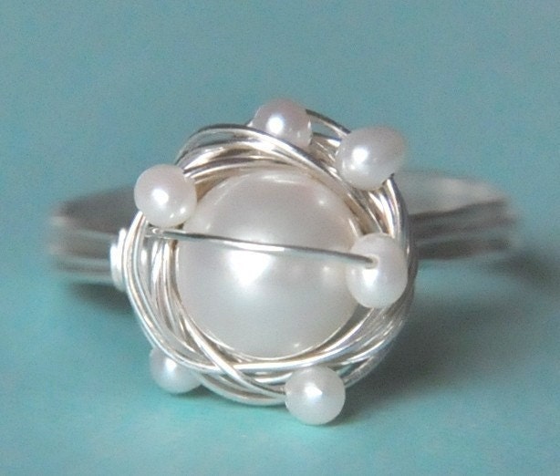SNOWY NEST white freshwater pearl sterling silver wire wrap ring