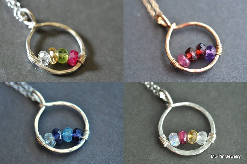 mothers necklace personalized birthstone CIRCLE OF LOVE sterling silver, 4 stones