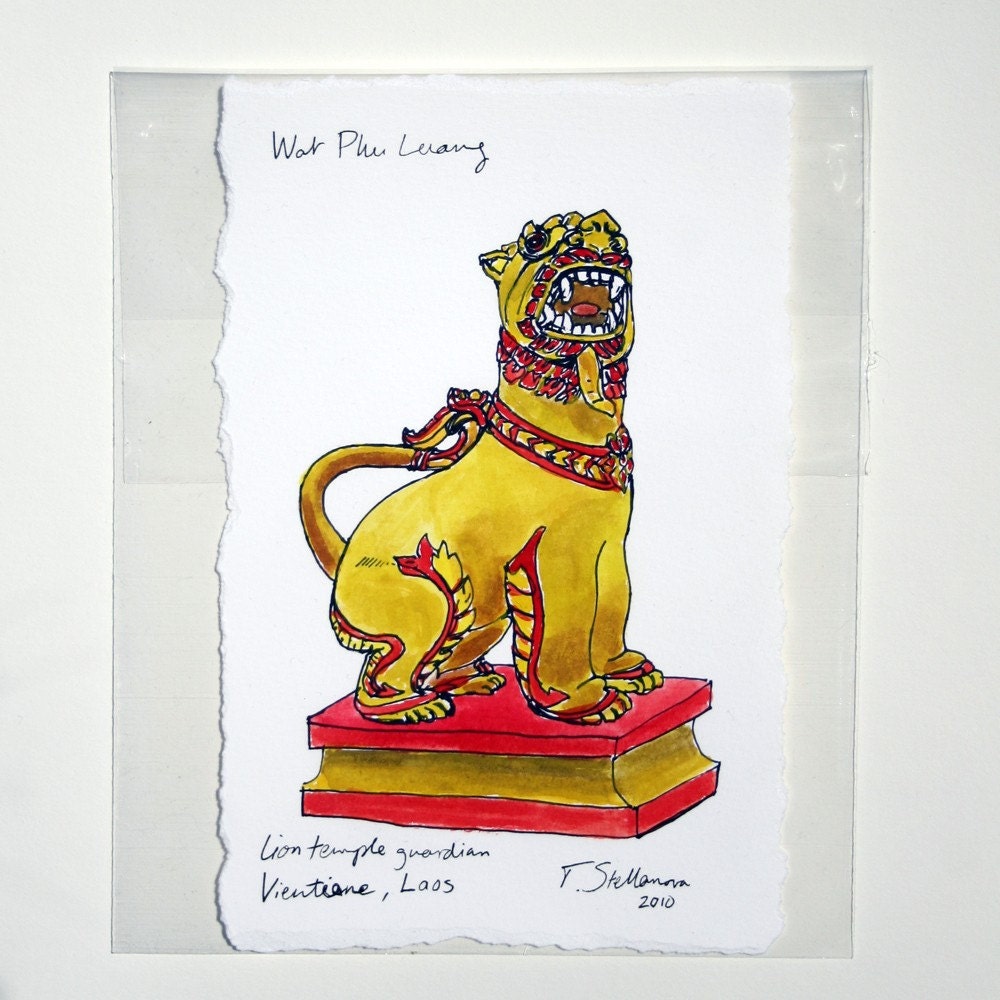 Lao lion temple guardian - hand-colored print