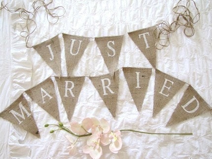 JUST MARRIED Glittered Burlap Banner