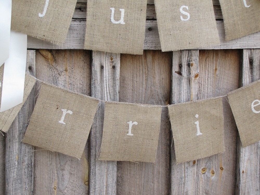 Ready to ship...JUST MARRIED Lowercase White Glittered Burlap Banner with Ribbon Bows