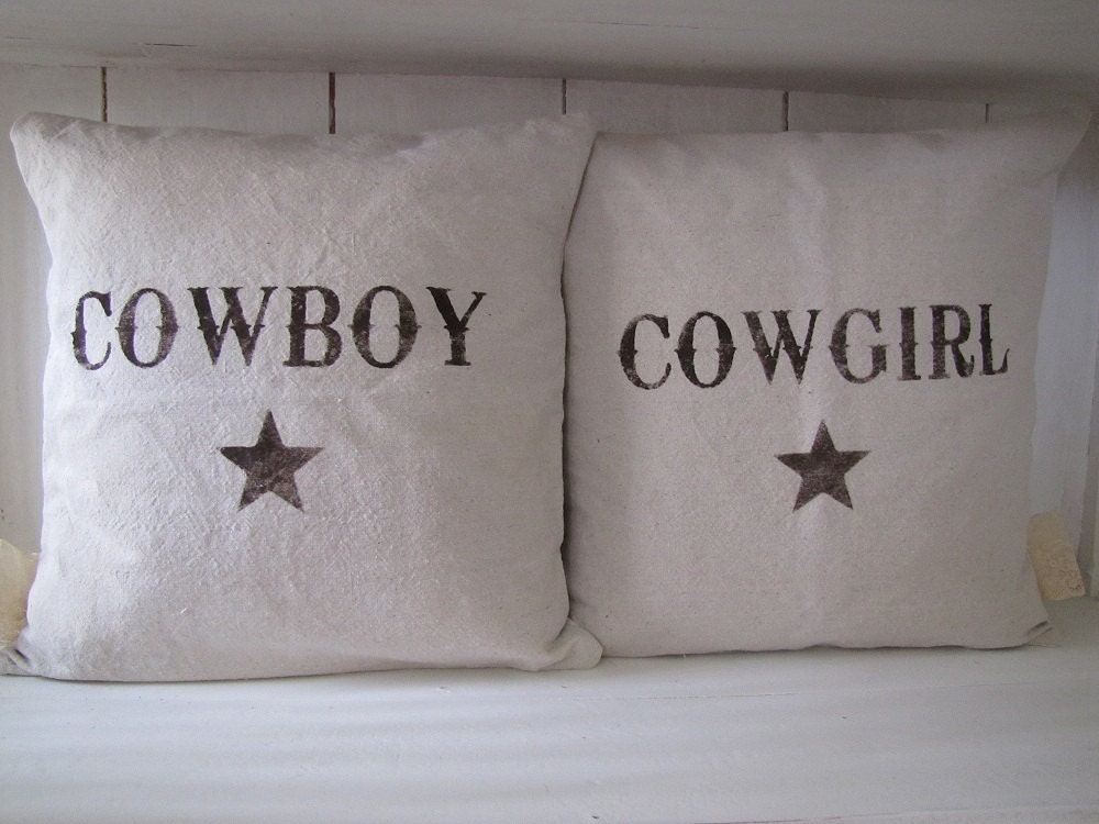 Cowboy and Cowgirl Feedsack Style Pillow COVER Set