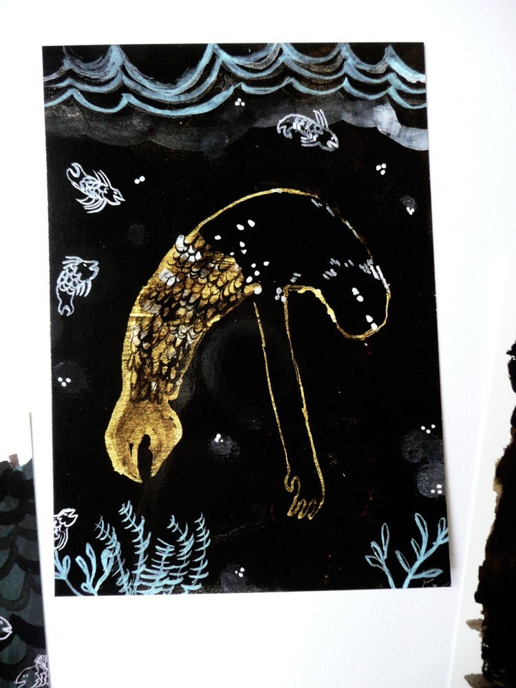 Reaching Down Sea Monster Postcard  original illustration reproduction print