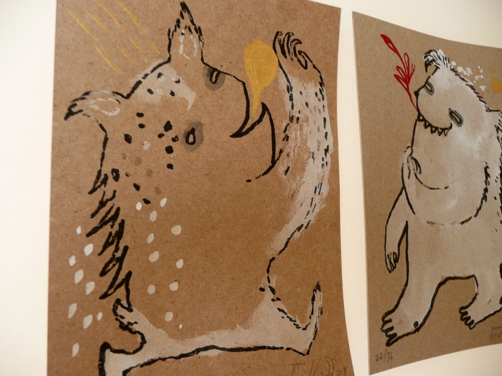 Waving and Bear Monster on Kraft Set / Hand Painted Limited Edition Gocco Print