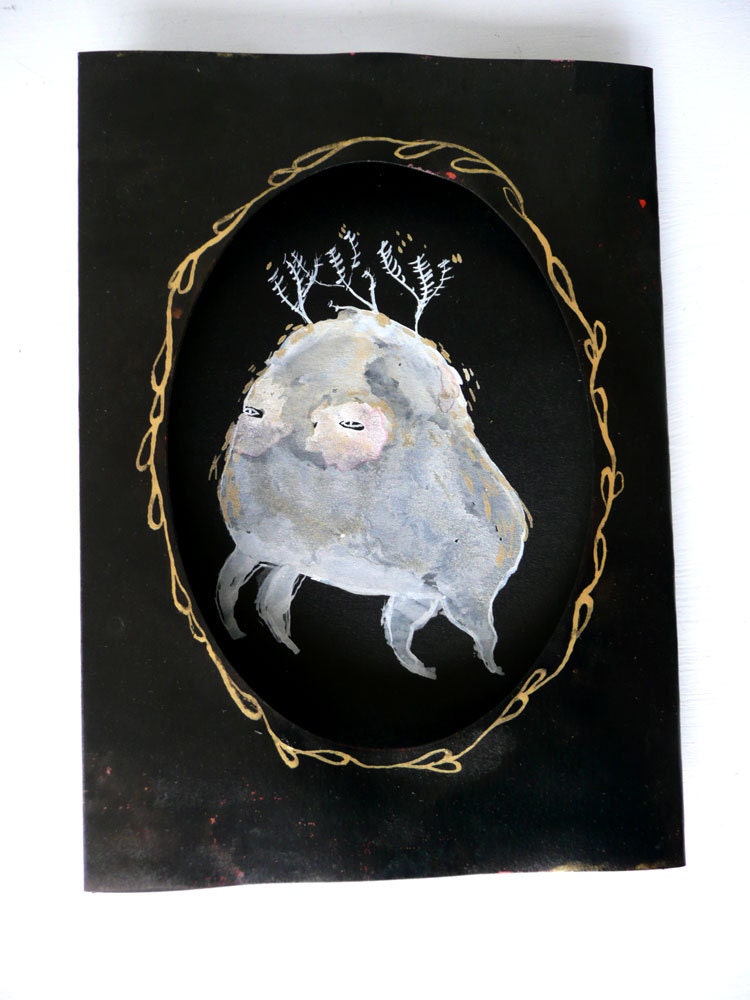 SALE Small Leaping Beast Original Painting in Oval Window Card
