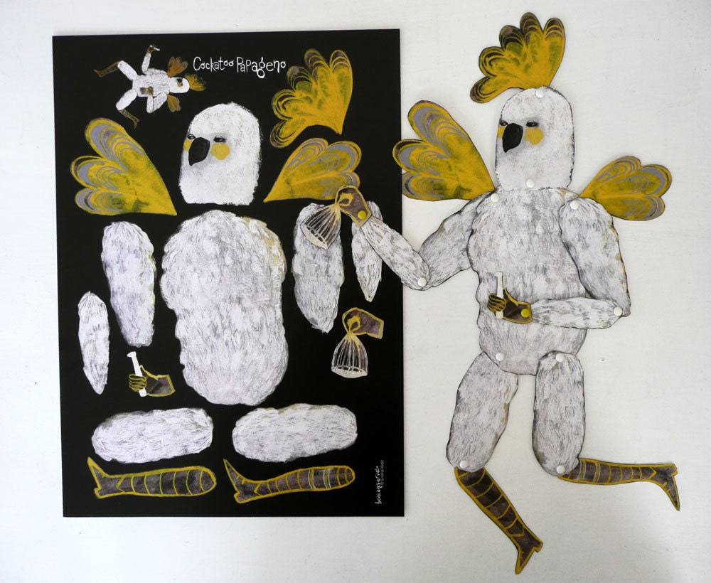 Cockatoo Papageno DIY Articulated Paper Doll with brads / Hinged Beasts Series