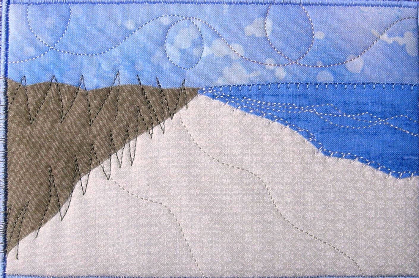 Fabric Postcard - Beach Landscape Mini Art Quilt - Quilted Fabric Postcard