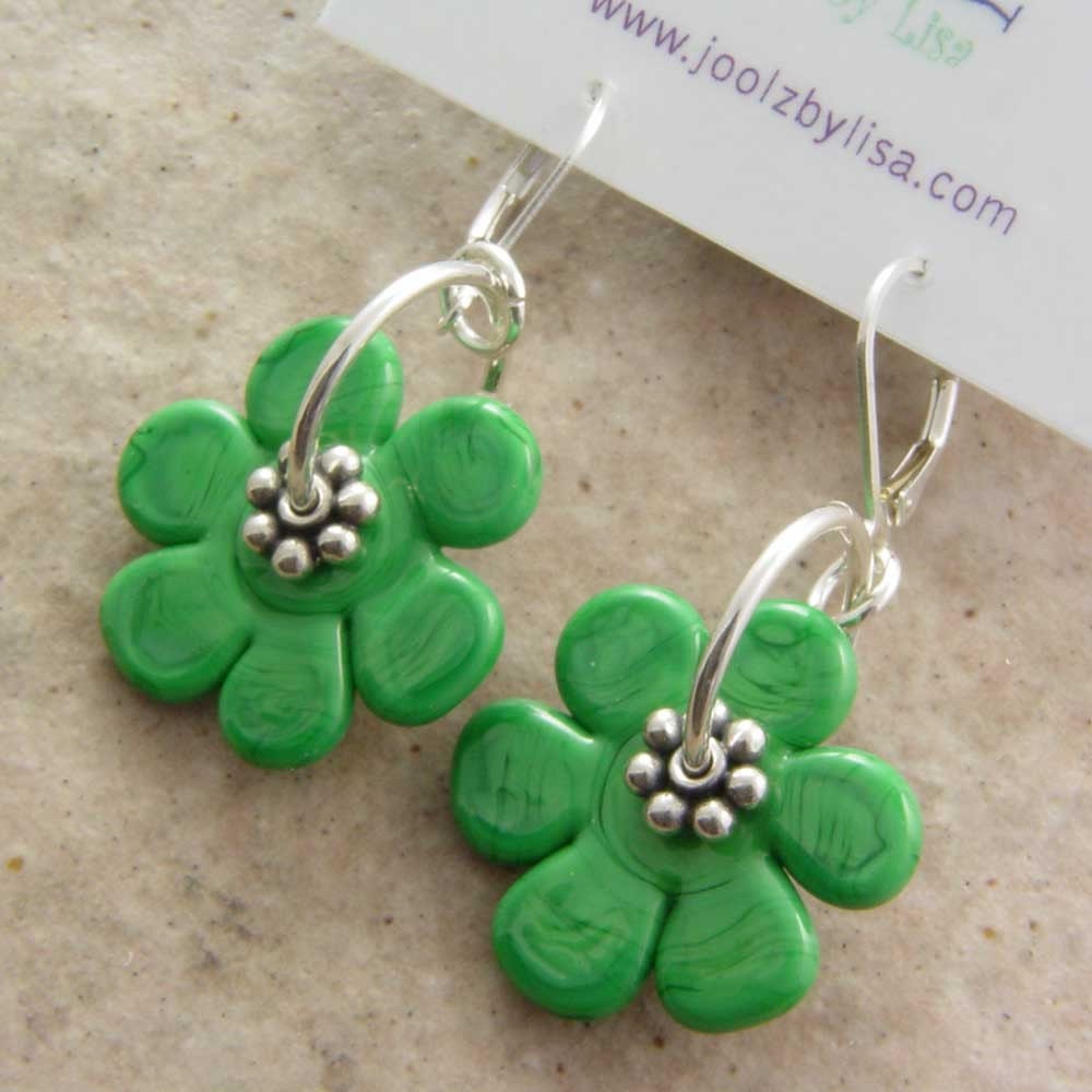 Handmade Earrings, Watermelon Rind Green Lampwork Flower Spinners