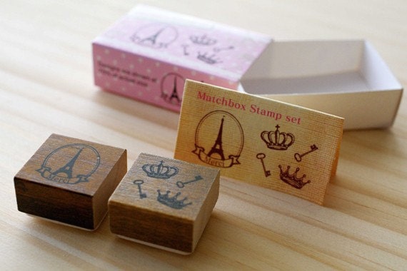 NEW - Matchbox Style Stamp Set - Crown Key and The Eiffel Tower