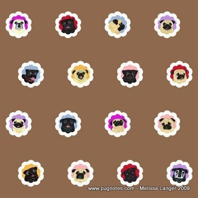 Pug Fabric - 16 Black and Fawn Pugs - 1 Yard - Groovy Pugs - Coffee Brown