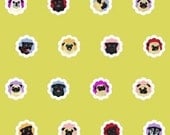 Pug Fabric - 16 Black and Fawn Pugs - 1 Yard - Groovy Pugs - Yellow