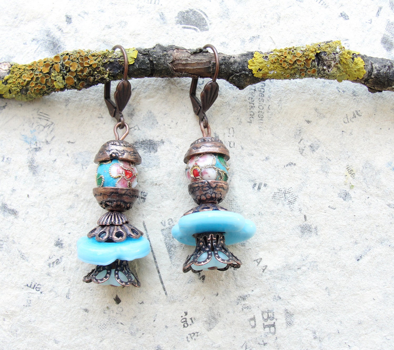 World Traveler Earrings - Exotic Glass, Cloisonne beads and Copper