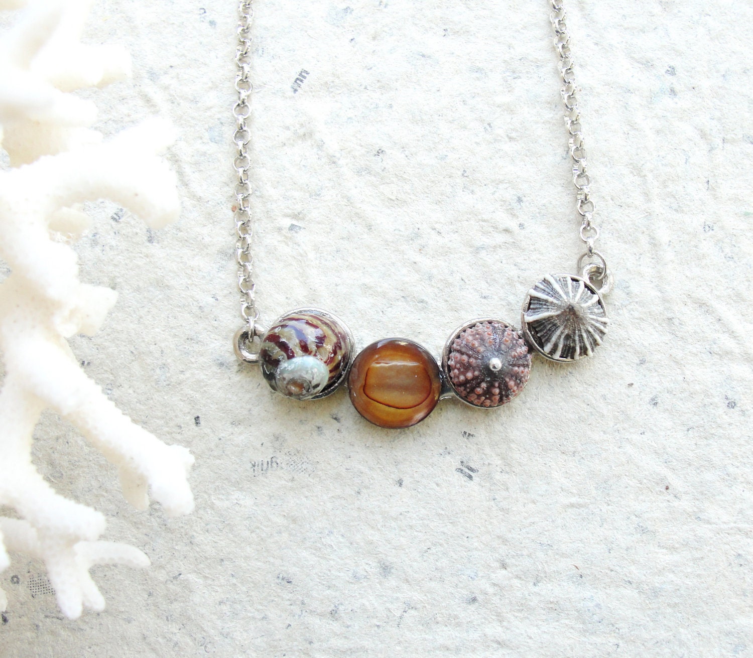 Sea Urchin Seashell Necklace - Sea urchin, Pearl, Limpet shell and seashell