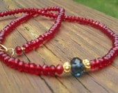 Blue Sapphire and Ruby-red crystal necklace with 24K Gold vermeil accent beads OOAK