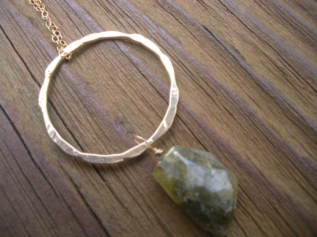 Genuine Green Garnet nugget on gold chain necklace - one of a kind