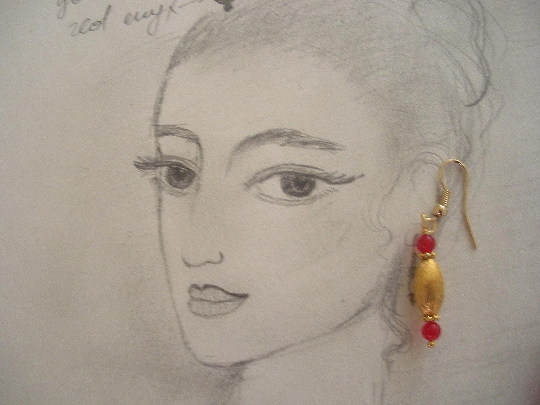 Brushed Gold with Red Onyx beads small dangles earrings