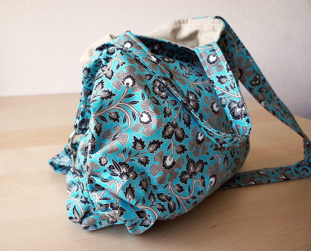 Amelie Slouchy  Bag  with Adjustable Strap and Double Handles in Turquoise Batik