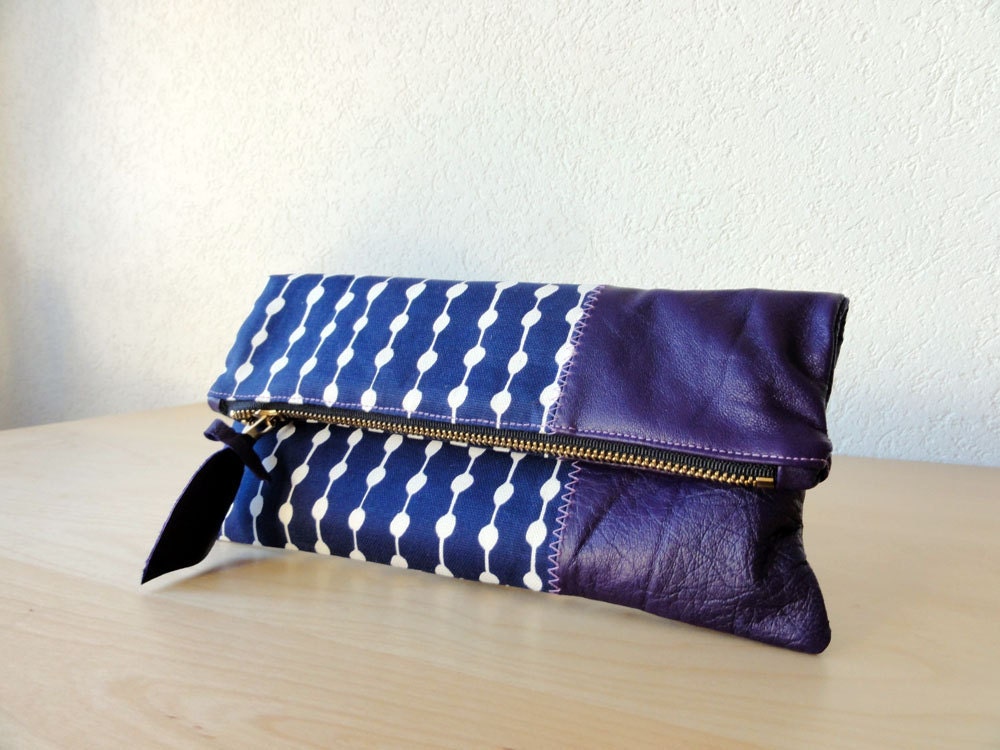 Leather Clutch in Dark Purple Italian Leather and Indigo European  Canvas - Indie Patchwork Series