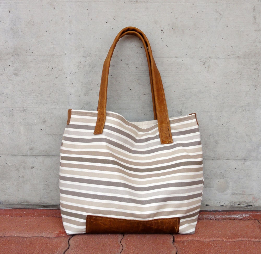 The Large Tote in Brown Cow Leather and French Stripes Canvas - A Perfect Beach Bag - Diaper Bag - Weekender Bag or Market Bag