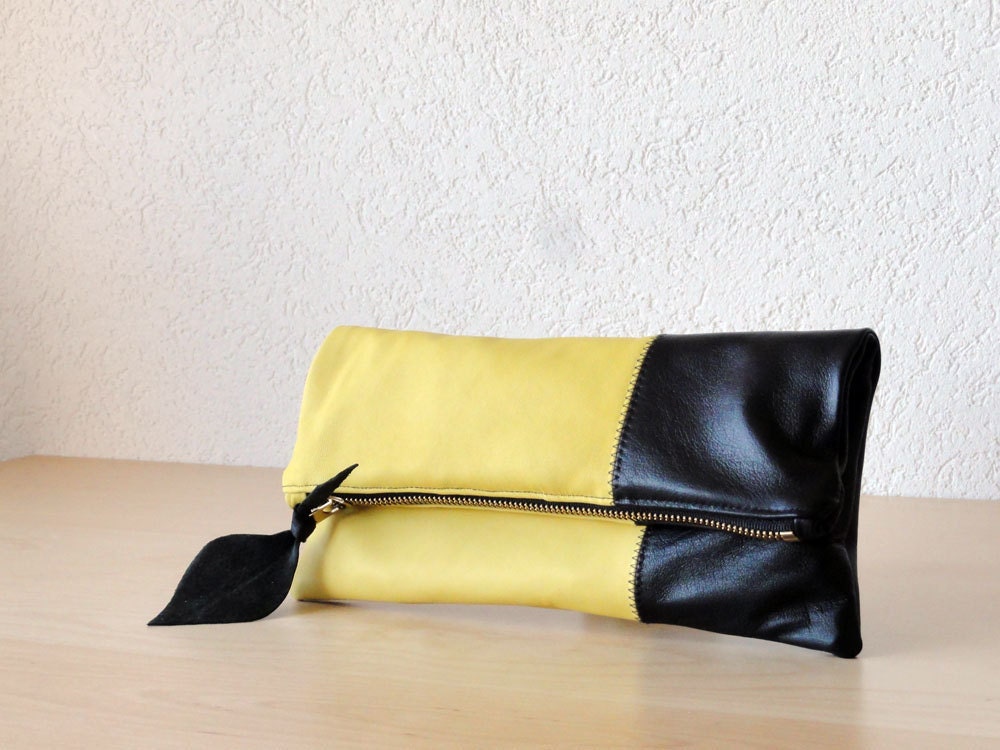 Leather Clutch in Yellow and Black Soft  Italian Leather