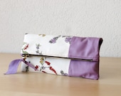 Leather Clutch in Soft Lavender  Italian Leather and French Flora Canvas - Indie Patchwork Series
