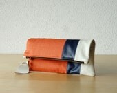 Leather Clutch in Italian Leather and Rust Linen - Indie Patchwork Series