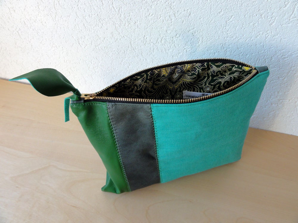 Leather Clutch in Italian Leather and Jade Green European Linen - Indie Patchwork Series
