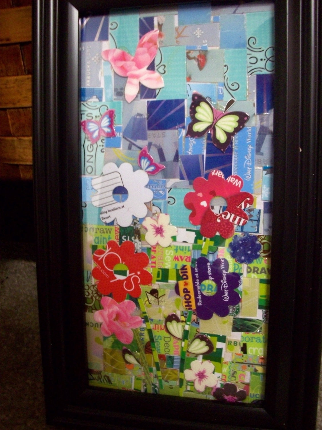 butterlies in the flowers  upcycled gift card mosaic