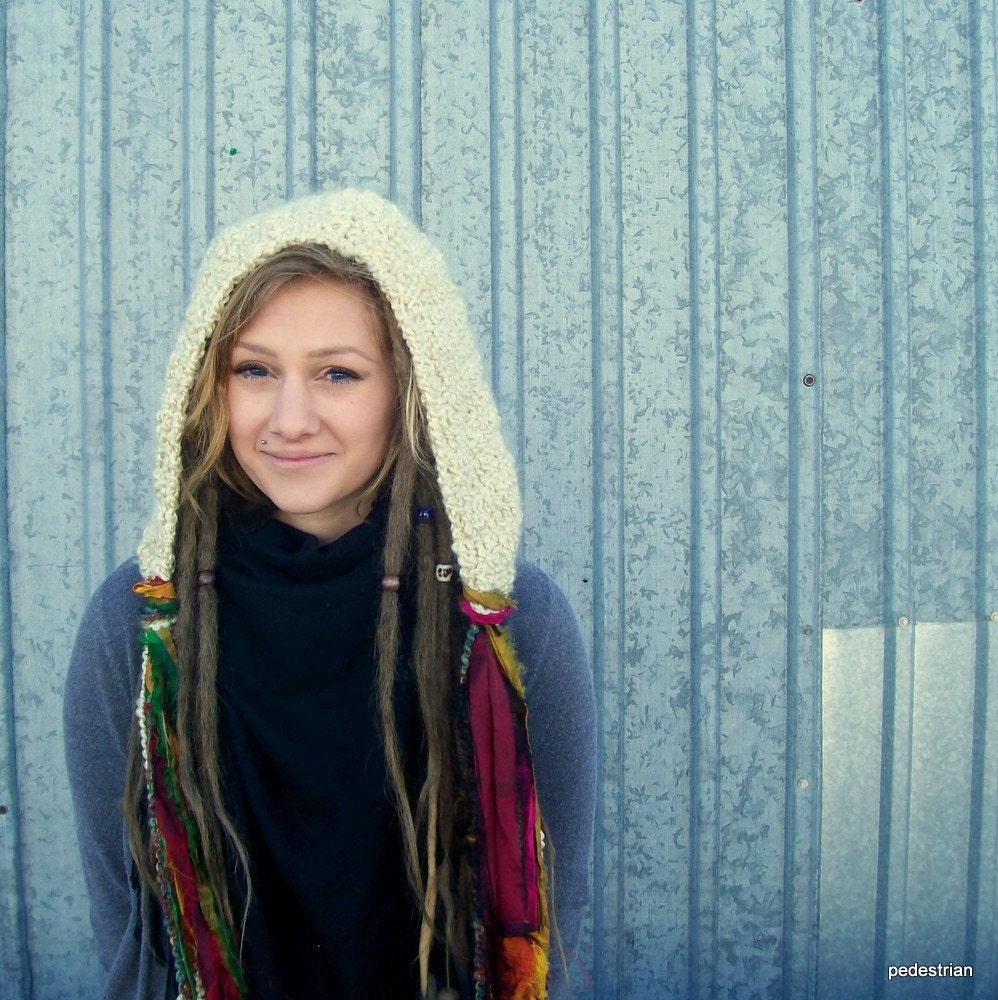 Ready to Ship - Last Minute Gift - The Rapunzel Hood in Latte - Cream Hood, Ecru Hood with Long Tassels