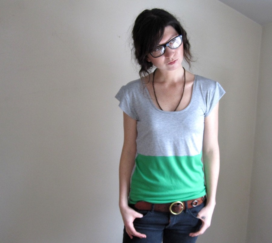 Grass Green and Grey Color Block Tee Shirt  - Blouse - Made to Order
