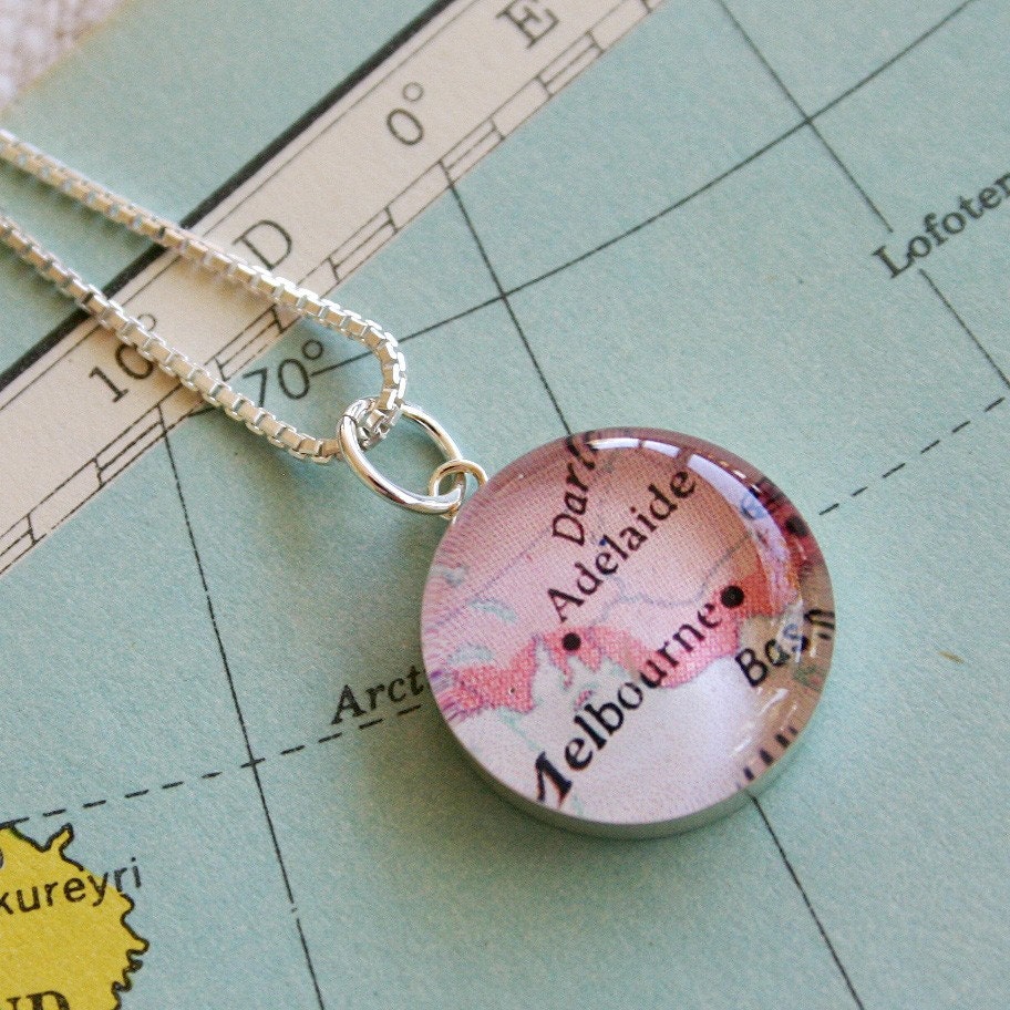 Adelaide and Melbourne - Small Sterling Map Charm Necklace