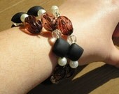 Bracelet  Brown Black White Pearl Beads and Vintage Beads Memory Wire