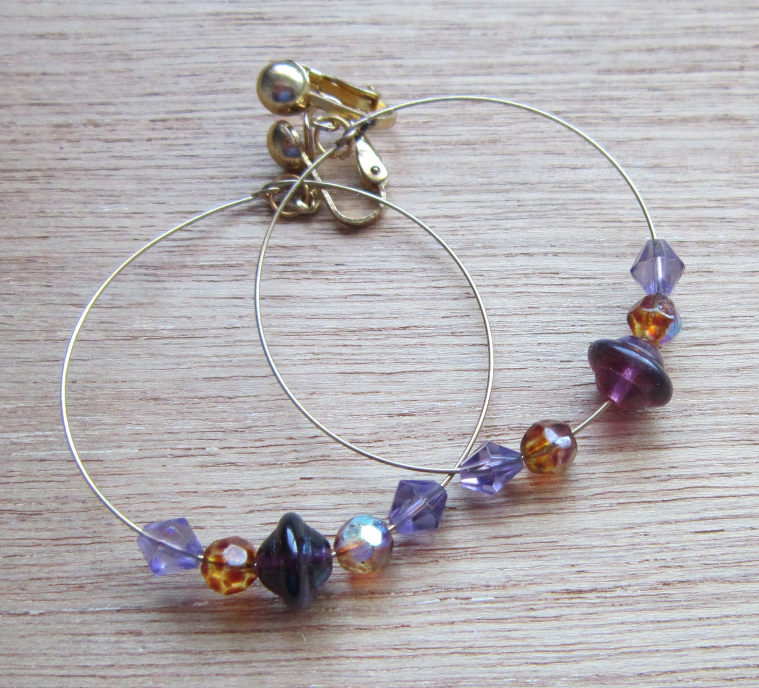 Clip On Hoop Earrings Amber, Purple Beads