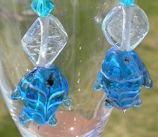 Dangle Earrings Blue Fish Clear and Blue Glass Beads  One Fish, Two Fish....