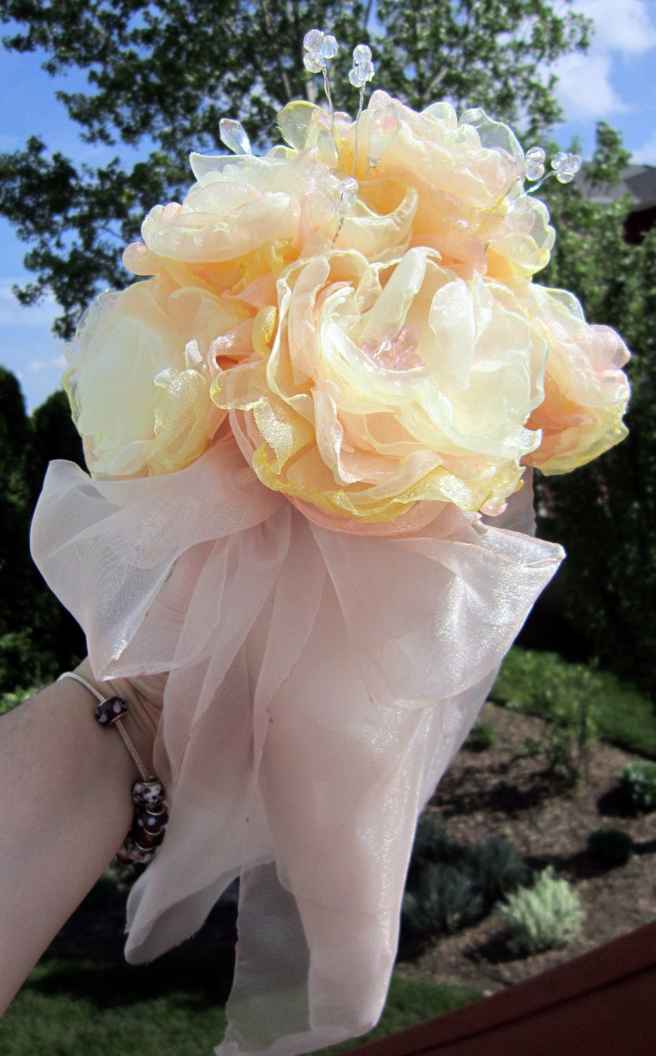 Eco Wedding Bouquet Peach, Yellow, Pale Yellow Organza Peonies 8 Count with Champagne Wrap and Bow eco friendly wedding