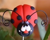 Polymer Clay Pot Garden Stake LADY BUG