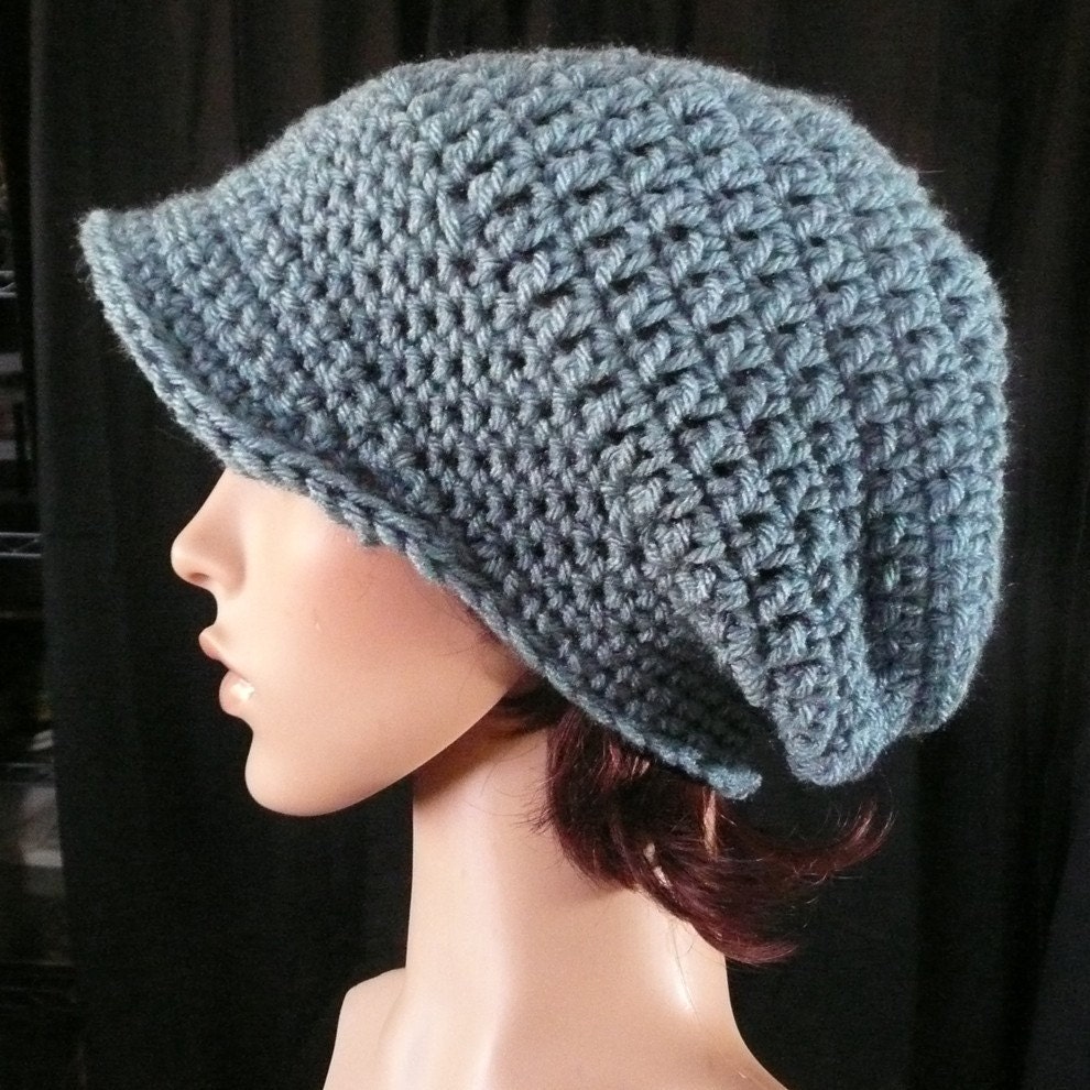 Long Slouchy Beanie Hat with Brim in Antique Blue