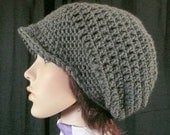 Crocheted Slouchy Hat with Brim in Medium Gray