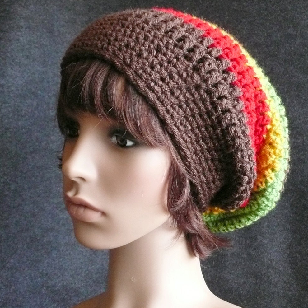 Brown Slouchy with Rasta Colors - Super Length 12 inches