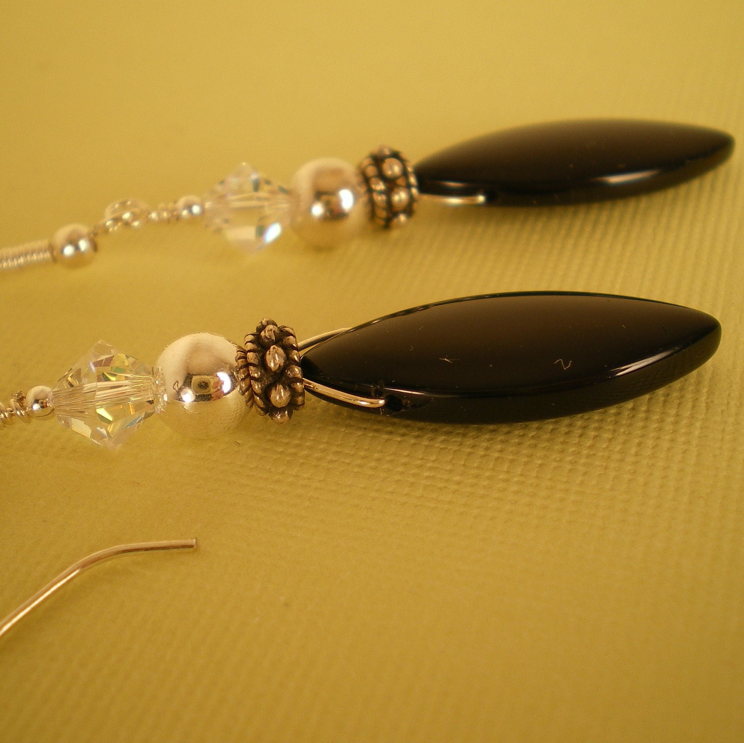 Black Onyx, Swarovski and Sterling Drop Earrings