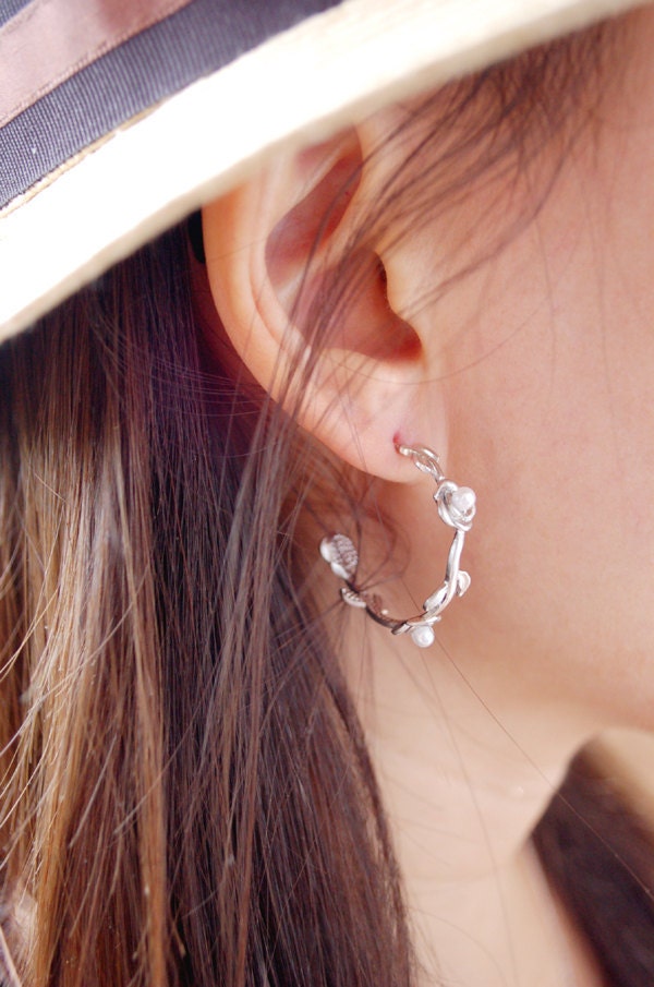 Silver Rose Vine Hoop Earrings. 925 Sterling Silver Ear Posts. Grecian Earrings. Bridesmaid Gifts. Bridal Party Gifts. Wedding Party Gifts.
